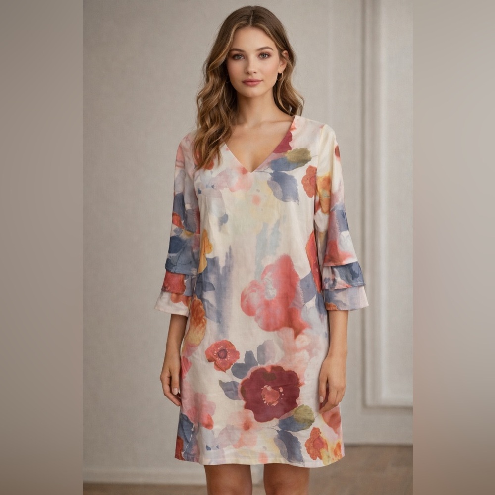 NWT NORACORA Retro Floral Boho Gypsy 70s Inspired Bell Sleeve Mini Shift Dress